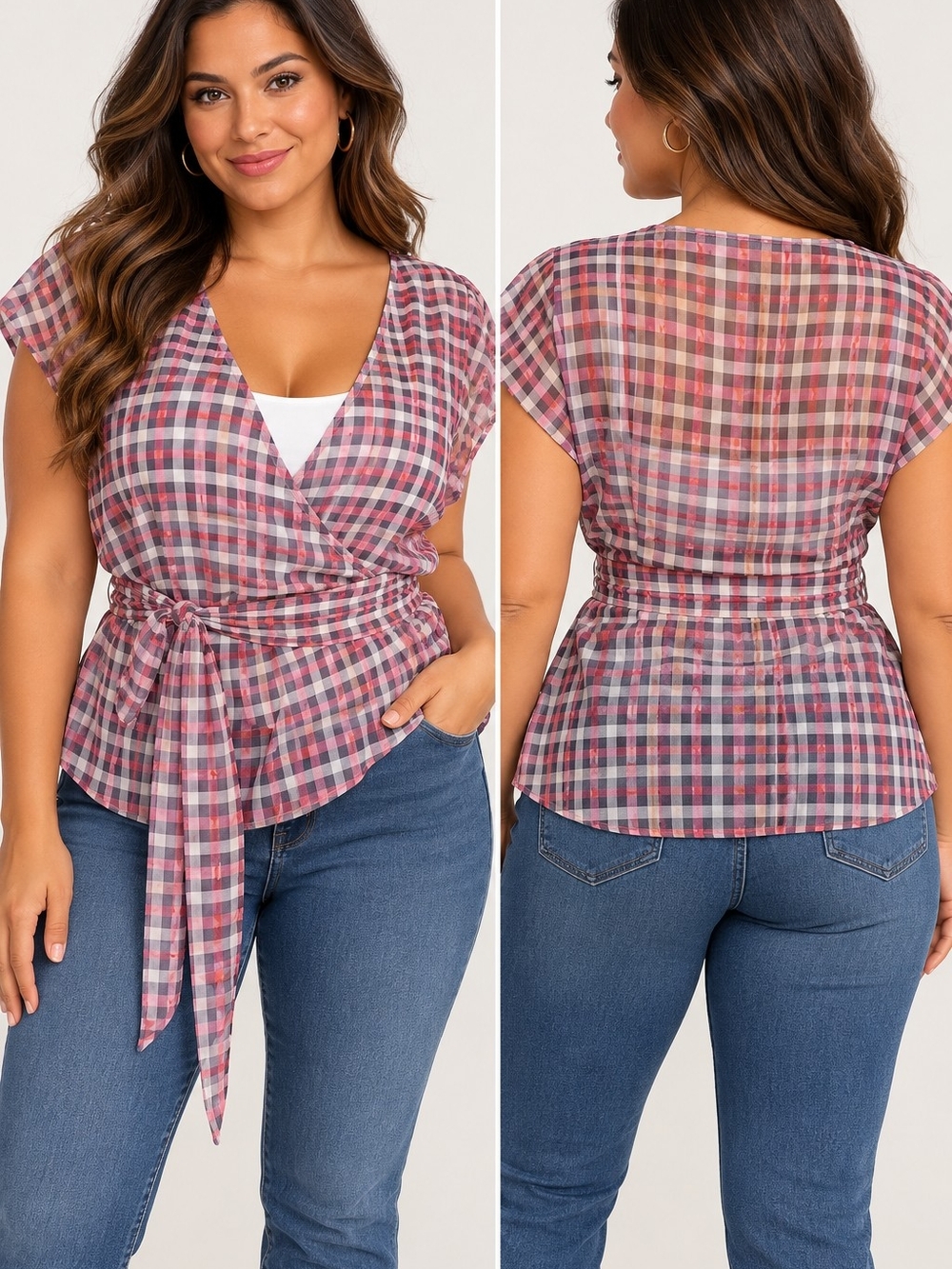 HALARA Pink Multi Plaid Wrap Sheer Short Sleeve Top